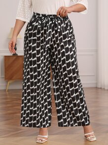 SHEIN Frenchy Plus Allover Print Belted Wide Leg Trousers - Black and White - View 5
