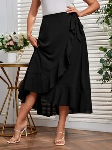 SHEIN Privé Falda ribete con fruncido con cordón lateral bajo cruzado - Negro - Ver 3