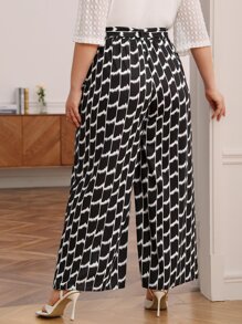 SHEIN Frenchy Plus Allover Print Belted Wide Leg Trousers - Black and White - View 6