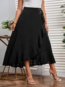 SHEIN Privé Falda ribete con fruncido con cordón lateral bajo cruzado - Negro - Ver 5