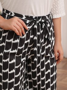 SHEIN Frenchy Plus Allover Print Belted Wide Leg Trousers - Black and White - View 2