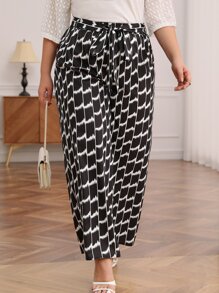 SHEIN Frenchy Plus Allover Print Belted Wide Leg Trousers - Black and White - View 1