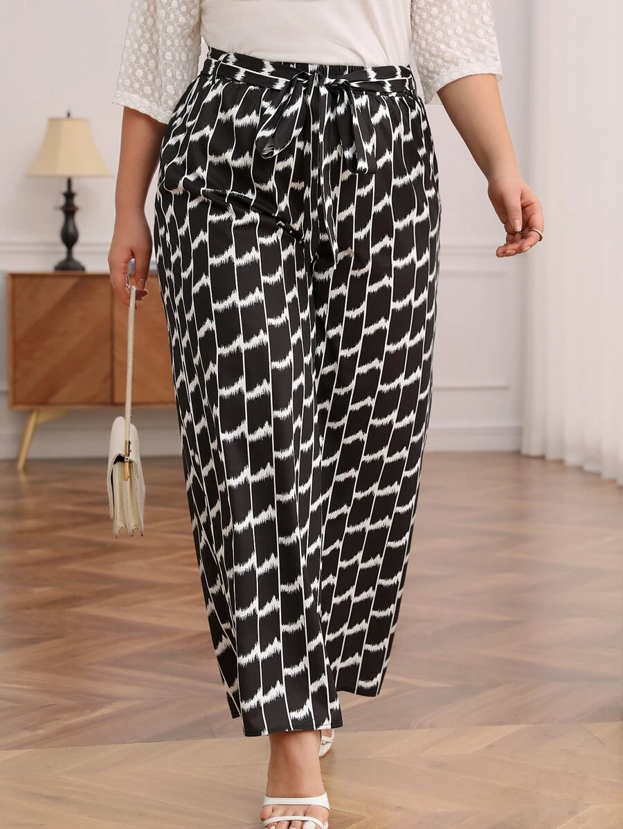 SHEIN Frenchy Plus Allover Print Belted Wide Leg Trousers - Black and White - View 1