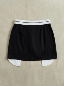 SHEIN EZwear 高腰撞色半身裙 - 黑色 - 查看 2