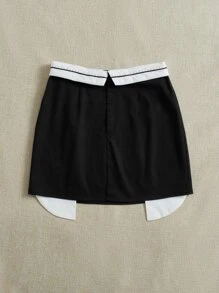 SHEIN EZwear 高腰撞色半身裙 - 黑色 - 查看 3