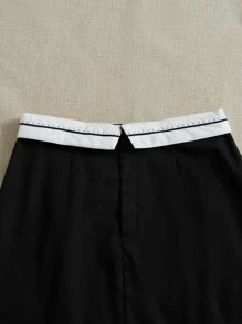 SHEIN EZwear 高腰撞色半身裙 - 黑色 - 查看 4