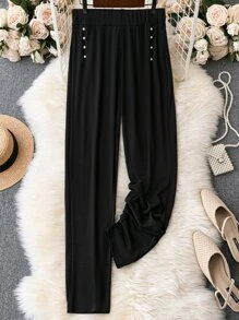 Calvaya Plus Pearls Beaded Detail Skinny Trousers - Black - View 1