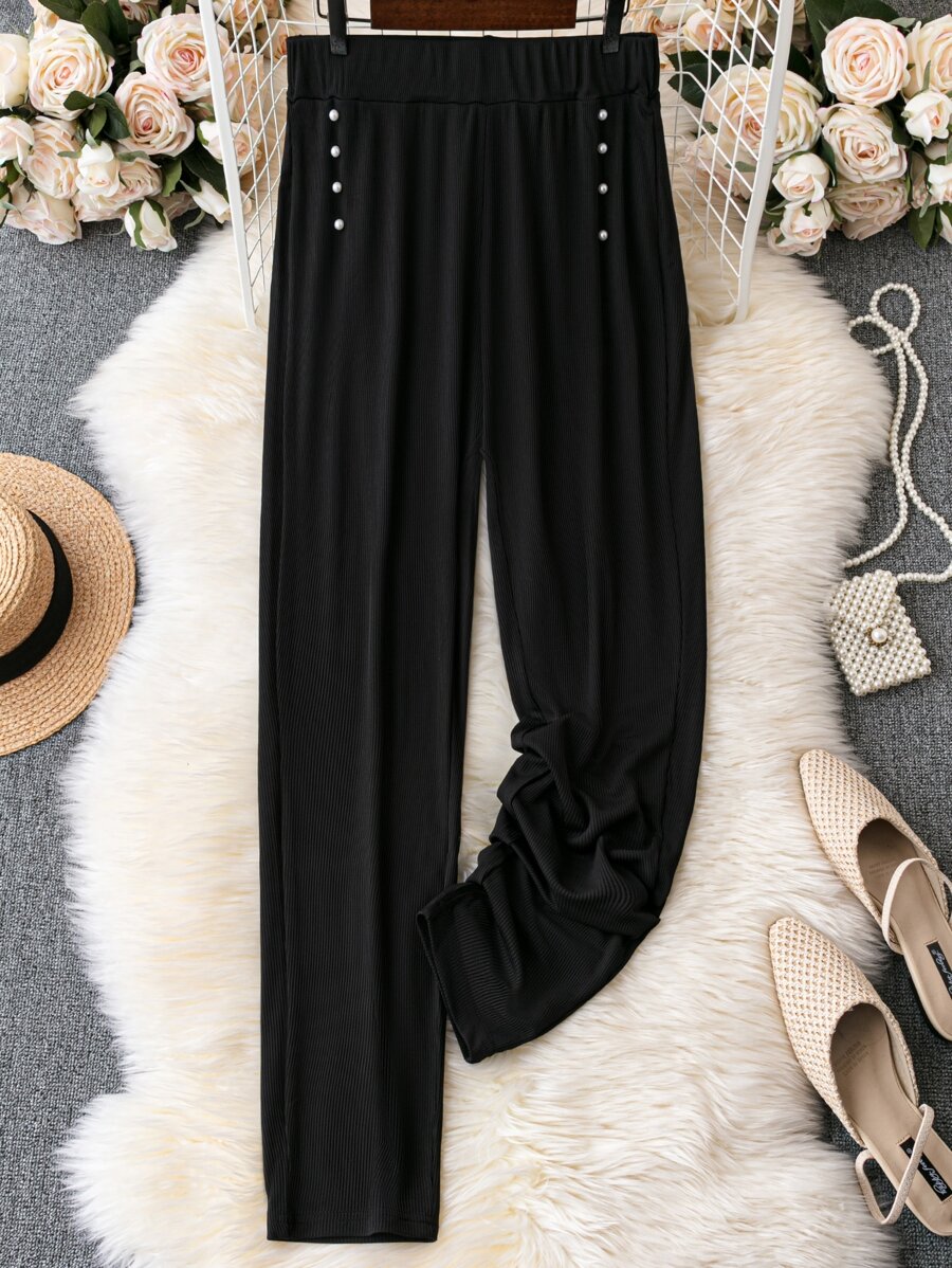 Calvaya Plus Pearls Beaded Detail Skinny Trousers - Black - View 1