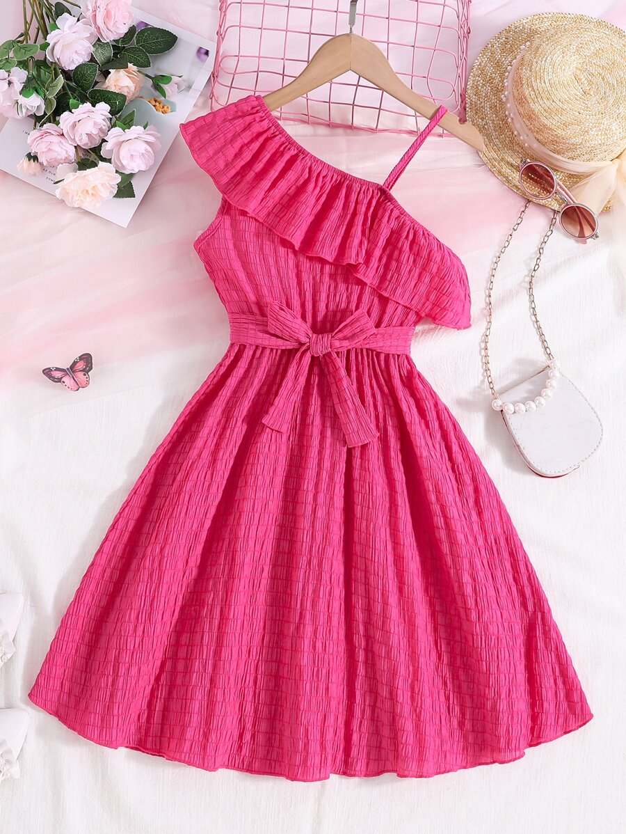 Chicas Vestido de cuello asimétrico ribete con fruncido - Rosa Fucsia - Ver 1