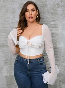 PARTHEA Plus Tie Front Flounce Sleeve Ruched Bustier Crop Mesh Tee - White - View 1