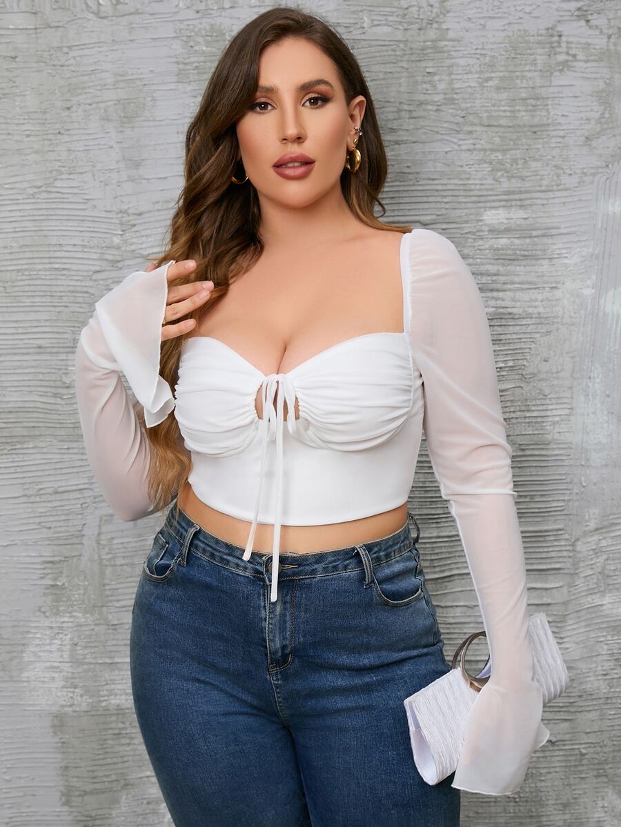 PARTHEA Plus Tie Front Flounce Sleeve Ruched Bustier Crop Mesh Tee - White - View 1