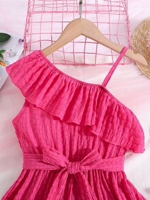 Chicas Vestido de cuello asimétrico ribete con fruncido - Rosa Fucsia - Ver 3
