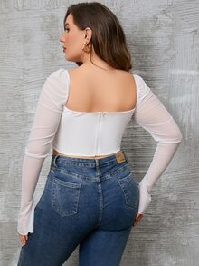 PARTHEA Plus Tie Front Flounce Sleeve Ruched Bustier Crop Mesh Tee - White - View 2
