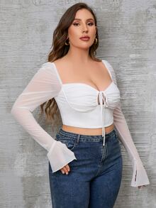 PARTHEA Plus Tie Front Flounce Sleeve Ruched Bustier Crop Mesh Tee - White - View 4