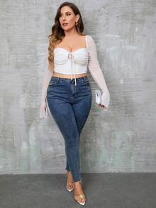 PARTHEA Plus Tie Front Flounce Sleeve Ruched Bustier Crop Mesh Tee - White - View 8