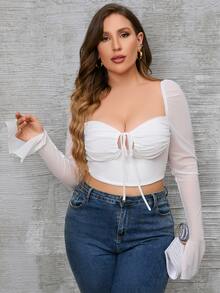 PARTHEA Plus Tie Front Flounce Sleeve Ruched Bustier Crop Mesh Tee - White - View 6