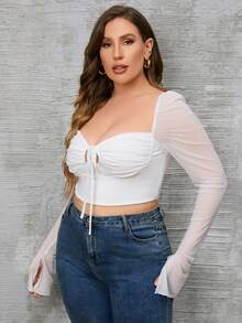 PARTHEA Plus Tie Front Flounce Sleeve Ruched Bustier Crop Mesh Tee - White - View 5