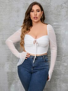 PARTHEA Plus Tie Front Flounce Sleeve Ruched Bustier Crop Mesh Tee - White - View 7