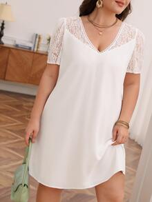 SHEIN Frenchy Plus Contrast Lace Dress - White - View 2