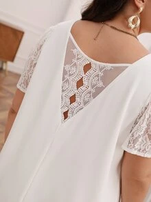 SHEIN Frenchy Plus Contrast Lace Dress - White - View 3