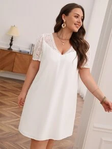 SHEIN Frenchy Plus Contrast Lace Dress - White - View 4