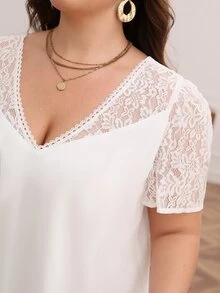 SHEIN Frenchy Plus Contrast Lace Dress - White - View 5