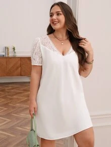 SHEIN Frenchy Plus Contrast Lace Dress - White - View 6