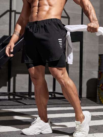 Fitness 男士二合一运动短裤，带毛巾环，黑色运动裤