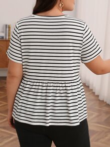 SHEIN Frenchy Plus Striped & Heart Print Peplum Tee - أبيض وأسود - مشاهدة 3