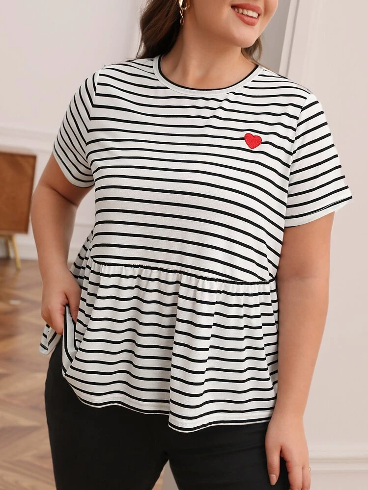 SHEIN Frenchy Plus Striped & Heart Print Peplum Tee - Black and White - View 4