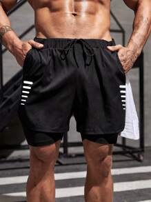 Fitness Men 2 In 1 Sports Shorts With Towel Loop Sweat Pants Black Shorts - Black - View 5