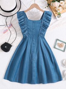 SHEIN Vintaside Kids Tween Girl Ruffle Trim Button Front Shirred Back Dress - Blue - View 1