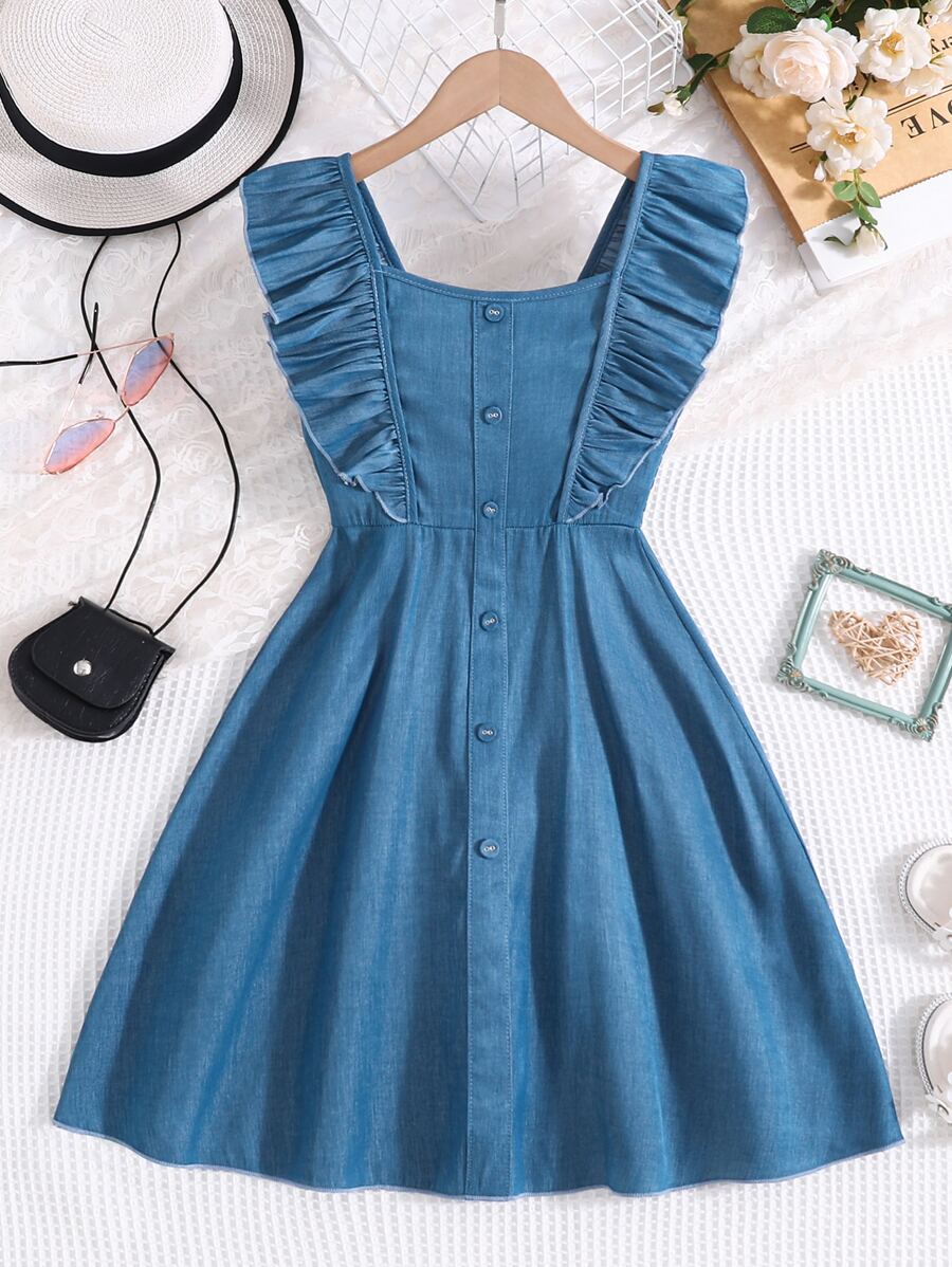 SHEIN Vintaside Kids Tween Girl Ruffle Trim Button Front Shirred Back Dress - Blue - View 1