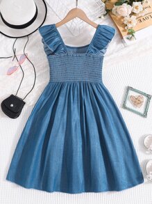 SHEIN Vintaside Kids Tween Girl Ruffle Trim Button Front Shirred Back Dress - Blue - View 2