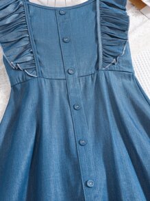 SHEIN Vintaside Kids Tween Girl Ruffle Trim Button Front Shirred Back Dress - Blue - View 4