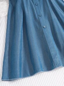 SHEIN Vintaside Kids Tween Girl Ruffle Trim Button Front Shirred Back Dress - Blue - View 5
