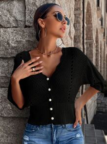 Women's Knit Casual Commuter Top, Spring/Summer Solid Color V-Neck Short Sleeve Hollow Out Loose Cardigan, Retro Vintage Coin Design, Suitable For Back To School Season And Autumn - Black - View 6