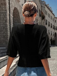 Women's Knit Casual Commuter Top, Spring/Summer Solid Color V-Neck Short Sleeve Hollow Out Loose Cardigan, Retro Vintage Coin Design, Suitable For Back To School Season And Autumn - Black - View 2