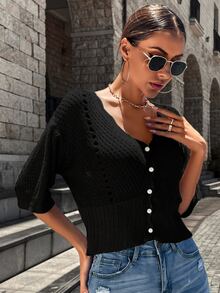 Women's Knit Casual Commuter Top, Spring/Summer Solid Color V-Neck Short Sleeve Hollow Out Loose Cardigan, Retro Vintage Coin Design, Suitable For Back To School Season And Autumn - Black - View 4