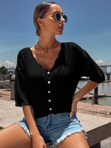 Women's Knit Casual Commuter Top, Spring/Summer Solid Color V-Neck Short Sleeve Hollow Out Loose Cardigan, Retro Vintage Coin Design, Suitable For Back To School Season And Autumn - Black - View 7