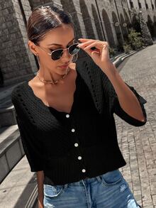 Women's Knit Casual Commuter Top, Spring/Summer Solid Color V-Neck Short Sleeve Hollow Out Loose Cardigan, Retro Vintage Coin Design, Suitable For Back To School Season And Autumn - Black - View 1