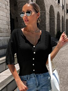 Women's Knit Casual Commuter Top, Spring/Summer Solid Color V-Neck Short Sleeve Hollow Out Loose Cardigan, Retro Vintage Coin Design, Suitable For Back To School Season And Autumn - Black - View 5