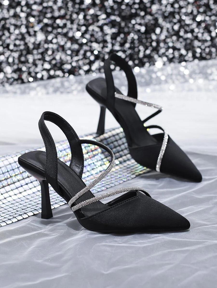 SVRM Women's Fashion Elegant High Heel Criss-Cross Strap Rhinestone Decor Leather Sandals,Women Pumps,Elegant,Party Outfits,Pointed Heels