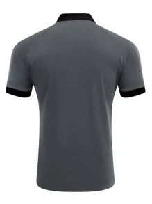 Hombres Camisa polo de cuello en contraste con cremallera media de manga raglán - Gris Oscuro - Ver 2