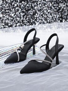 SVRM Women's Fashion Elegant High Heel Criss-Cross Strap Rhinestone Decor Leather Sandals,Women Pumps,Elegant,Party Outfits,Pointed Heels - Black - View 3