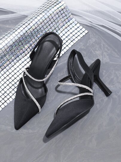 SVRM Women's Fashion Elegant High Heel Criss-Cross Strap Rhinestone Decor Leather Sandals,Women Pumps,Elegant,Party Outfits,Pointed Heels