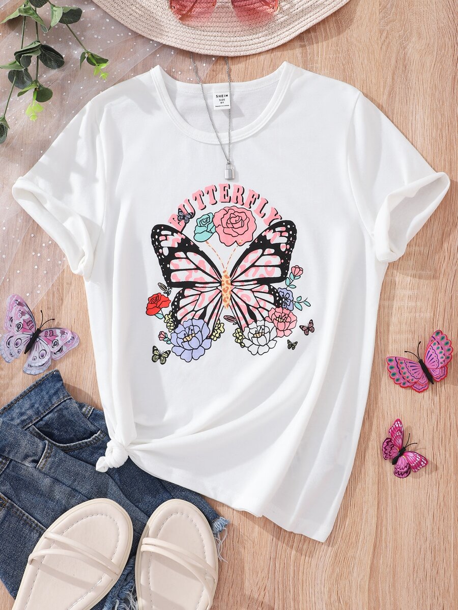 Girls Butterfly & Floral Print Tee - White - View 1
