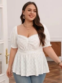 SHEIN Frenchy Plus Sweetheart Neck Ruched Bust Schiffy Peplum Tee - White - View 4