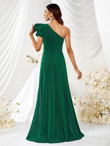 YISIKADO One Shoulder Ruffle Trim Glitter Prom Dress - Dark Green - View 2
