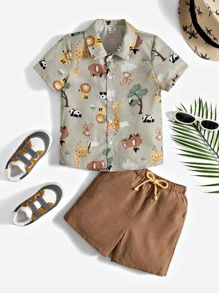 SHEIN 小男童卡通圖案襯衫和腰部抽繩短褲 - 彩色 - 查看 1